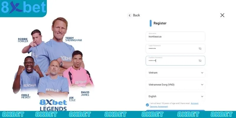 Nhập thông tin chính chủ vào ô đăng ký 8xbet như yêu cầu